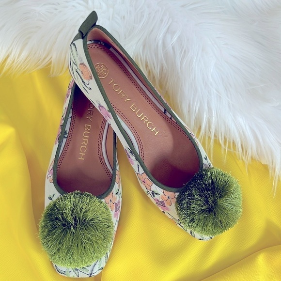 Tory Burch Shoes - Tory Burch Pom Pom Satin Floral Ballerina Flats NWOB Size 6 Balletcore Unique
